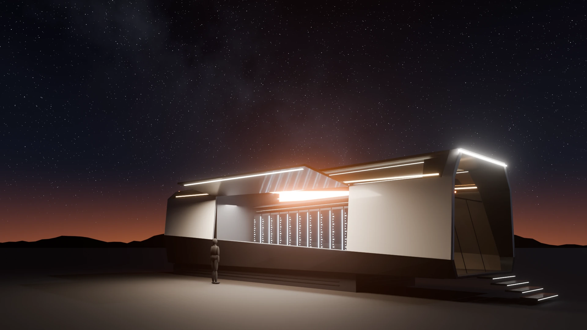 A Snowtower modular data center at night in the desert, its service awning raised and the rack row glowing inside